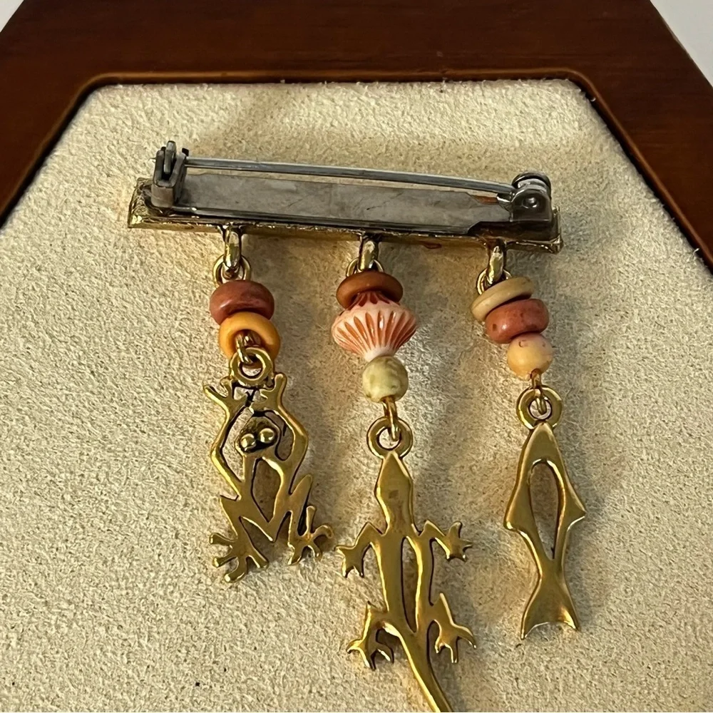 Vintage Gold Charm Brooch with Animal Pendants